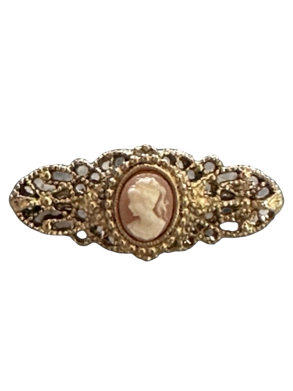Vintage Victorian Style Cameo Bar Brooch Pin Ornate Gold Tone Filigree